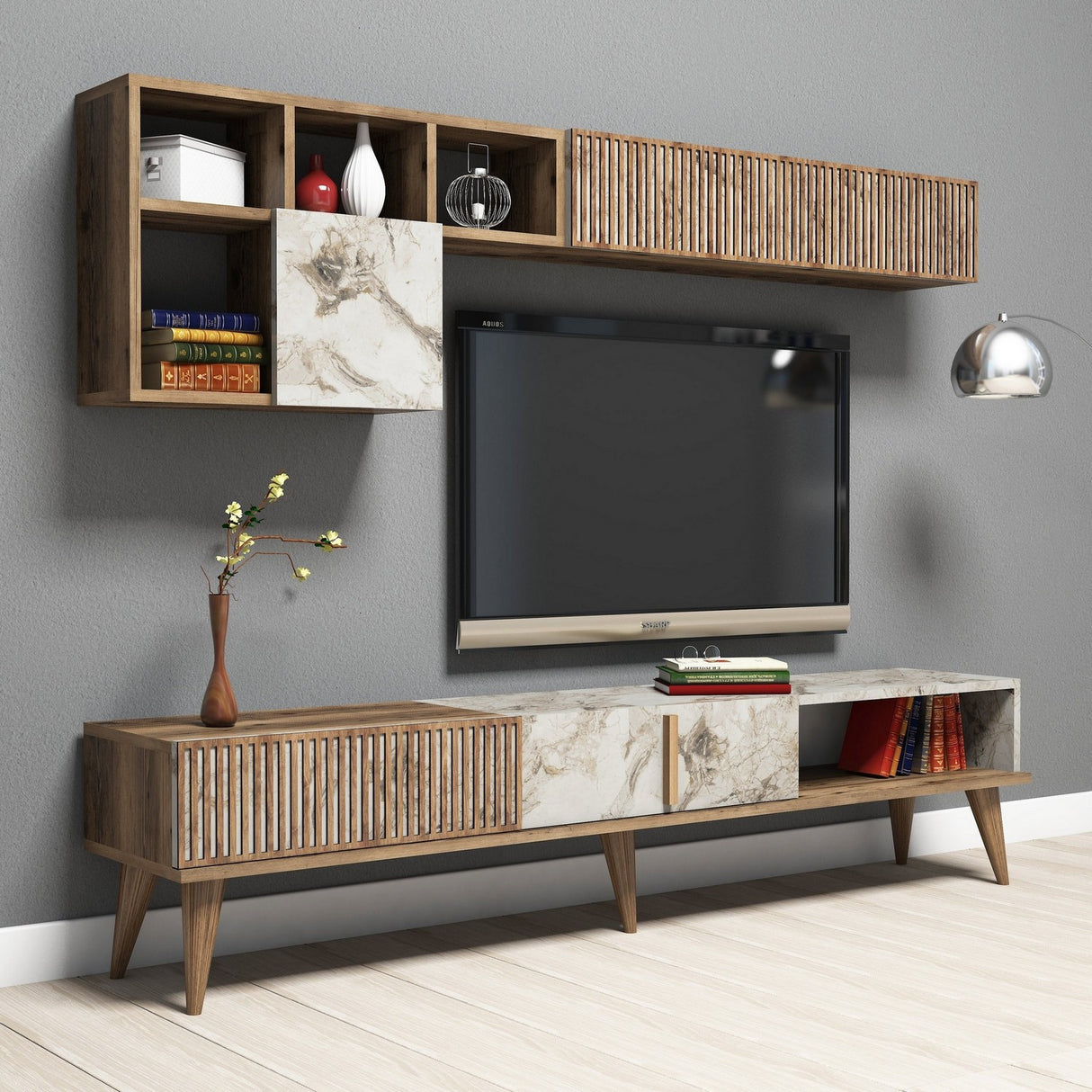 TV -Möbel Set Milan Walnut White Marmor Melamine 180x40x35 cm
