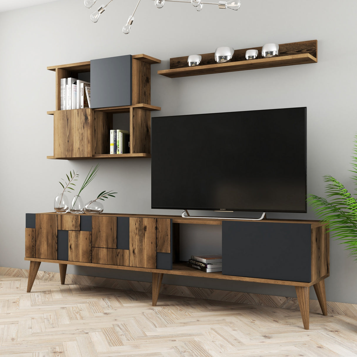 TV -Möbel Set Madrid Walnuss Anthraziit Melamin 180x48.6x33.8 cm