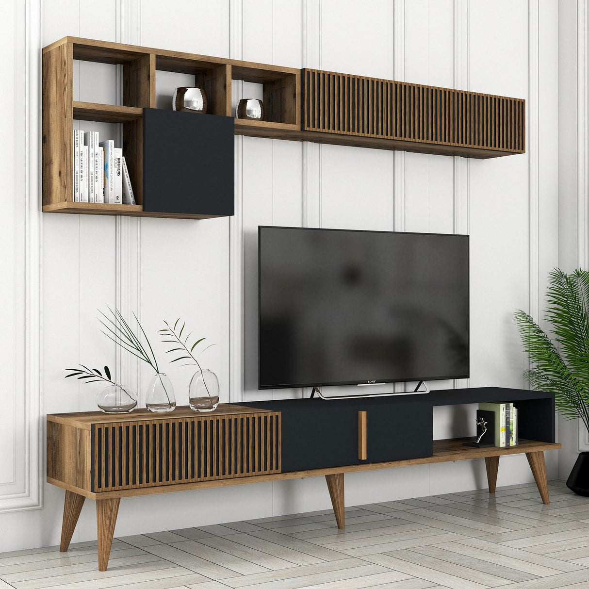 TV -Möbel Set Mailand TV Walnuss Anthrazit Melamin 180x40x35 cm