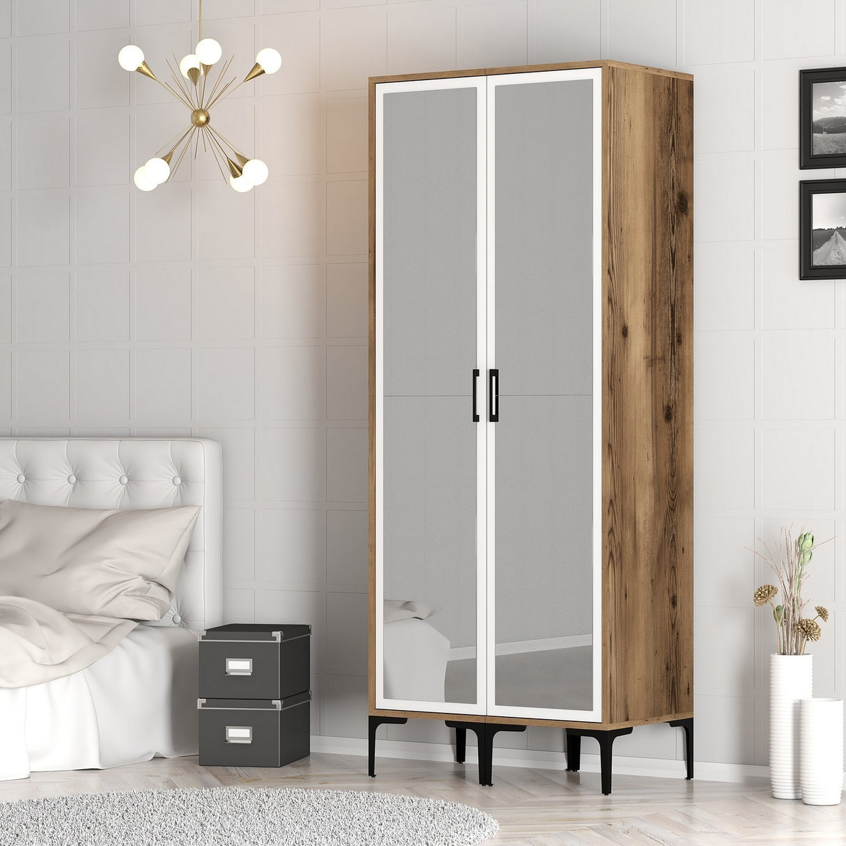Kleiderschrank Kumsal RR Walnuss weißes Melamin 80x47.5x201.4 cm