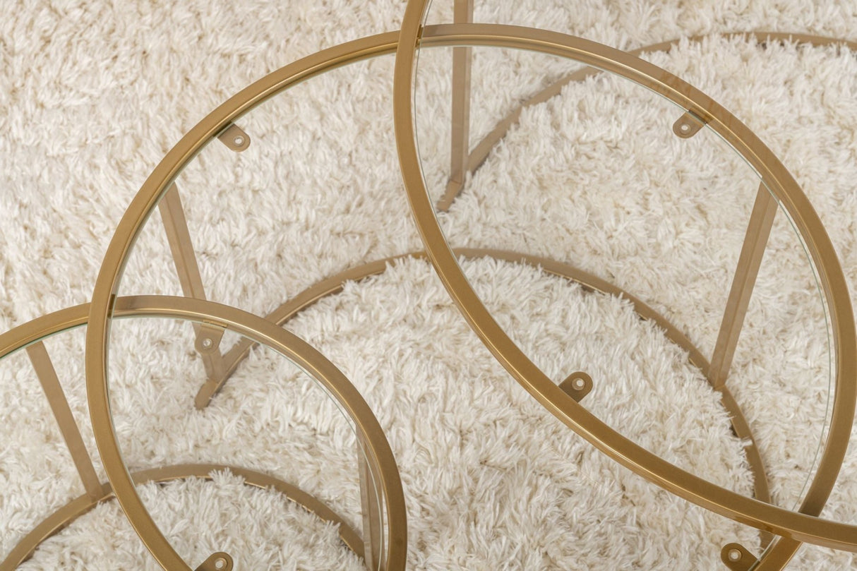 Moderne Runde Couchtisch-Set aus 3 Uru Gold - Transparentes Glas - 80/60/42 cm