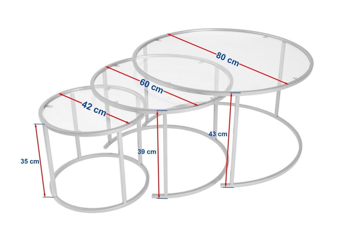 Moderne Runde Couchtisch-Set aus 3 Uru Gold - Transparentes Glas - 80/60/42 cm