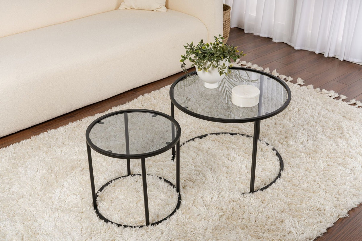 Moderne runde Couchtisch-Set aus 2 Uru Schwarz - Graues Glas - 60/42 cm