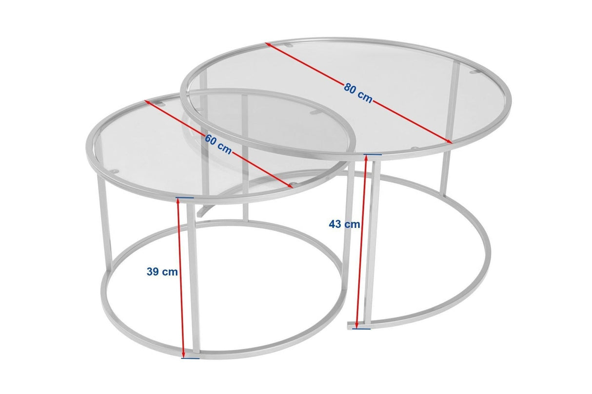 Salontafels - Moderne Ronde Salontafel Set van 2 Uru Zwart - Transparant Glas - 80/60 cm - Dimehouse