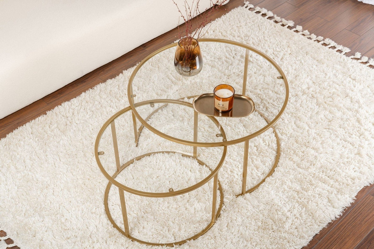 Moderne Runde Couchtisch-Set aus 2 Uru Gold - Transparentes Glas - 80/60 cm