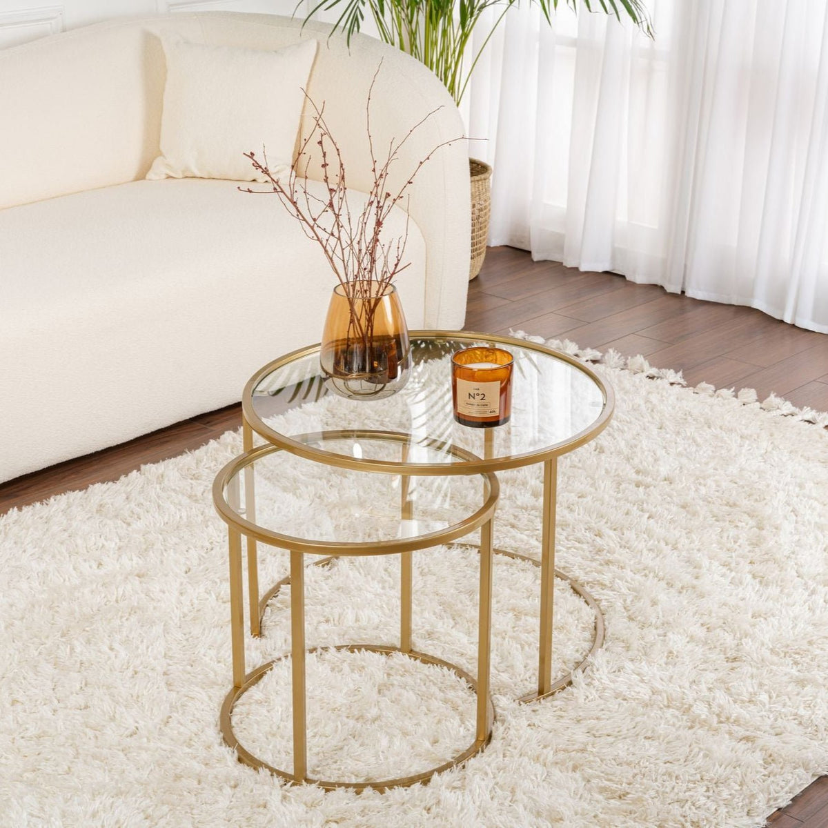 Moderne Runde Couchtisch 2er-Set Uru Gold - Transparentes Glas
