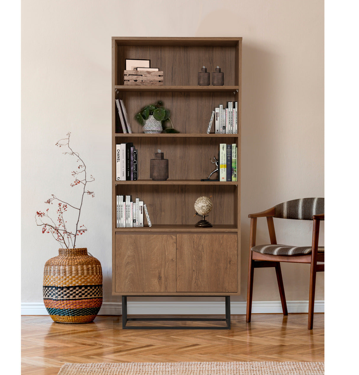 Bücherregal Rea Walnut Black Melamin 80x182x36 cm