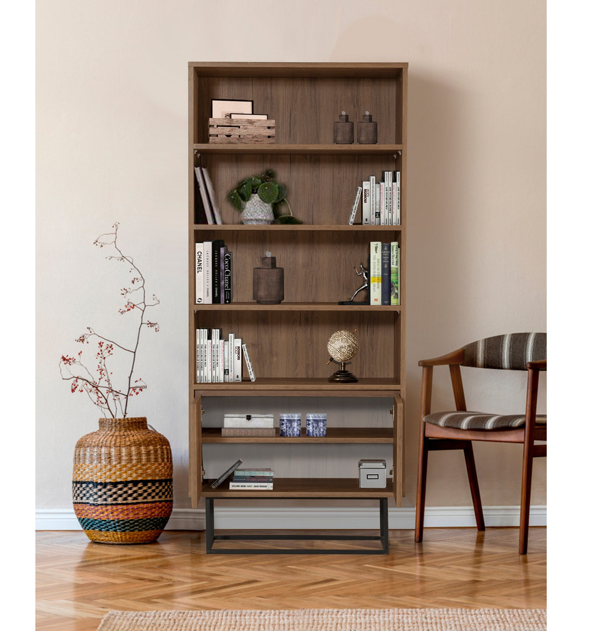 Bücherregal Rea Walnut Black Melamin 80x182x36 cm