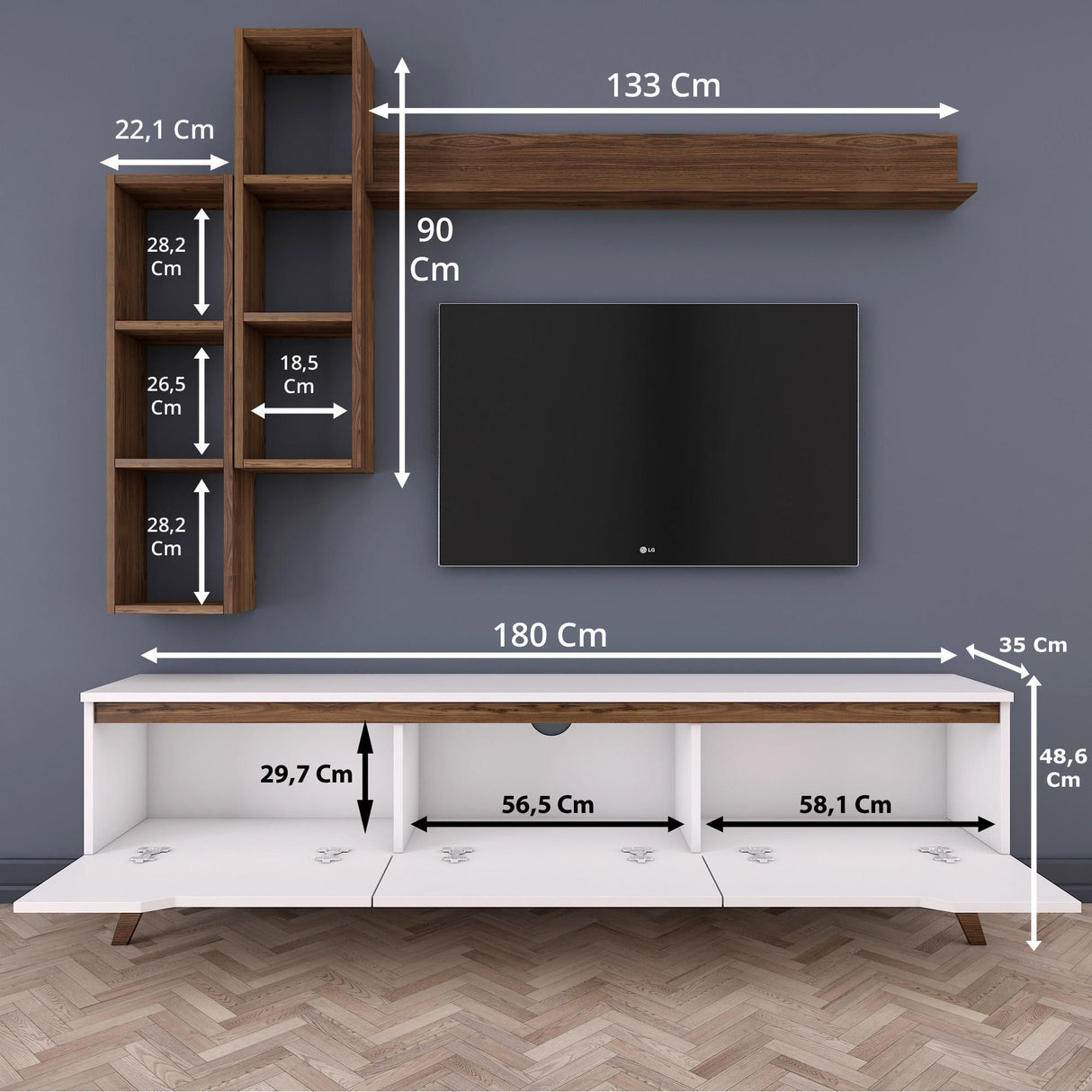 TV -Möbel Set Iona White Dark Walnut Melamin 180x48.6x35 cm
