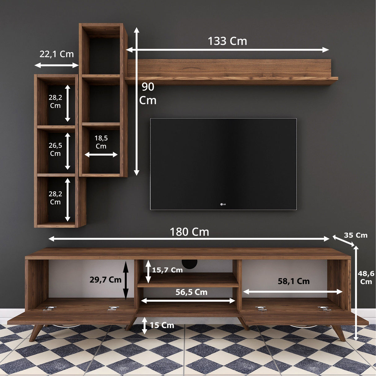 TV -Möbel -Set Ion Walnut Melamin 180x48.6x35 cm