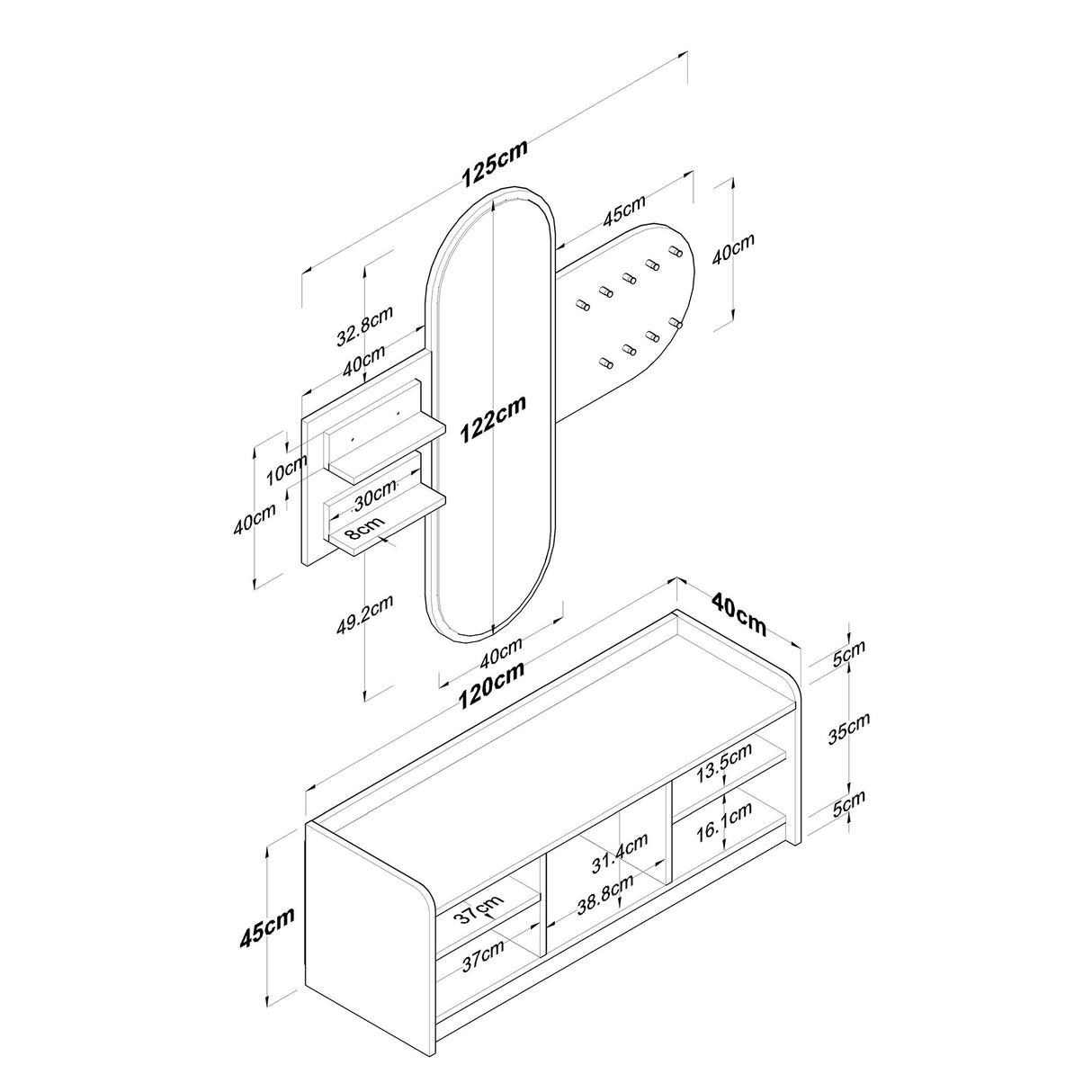 Möbelset Garderobe - Spiegel - Schuhschrank - Weiß-Walnuss Melamin