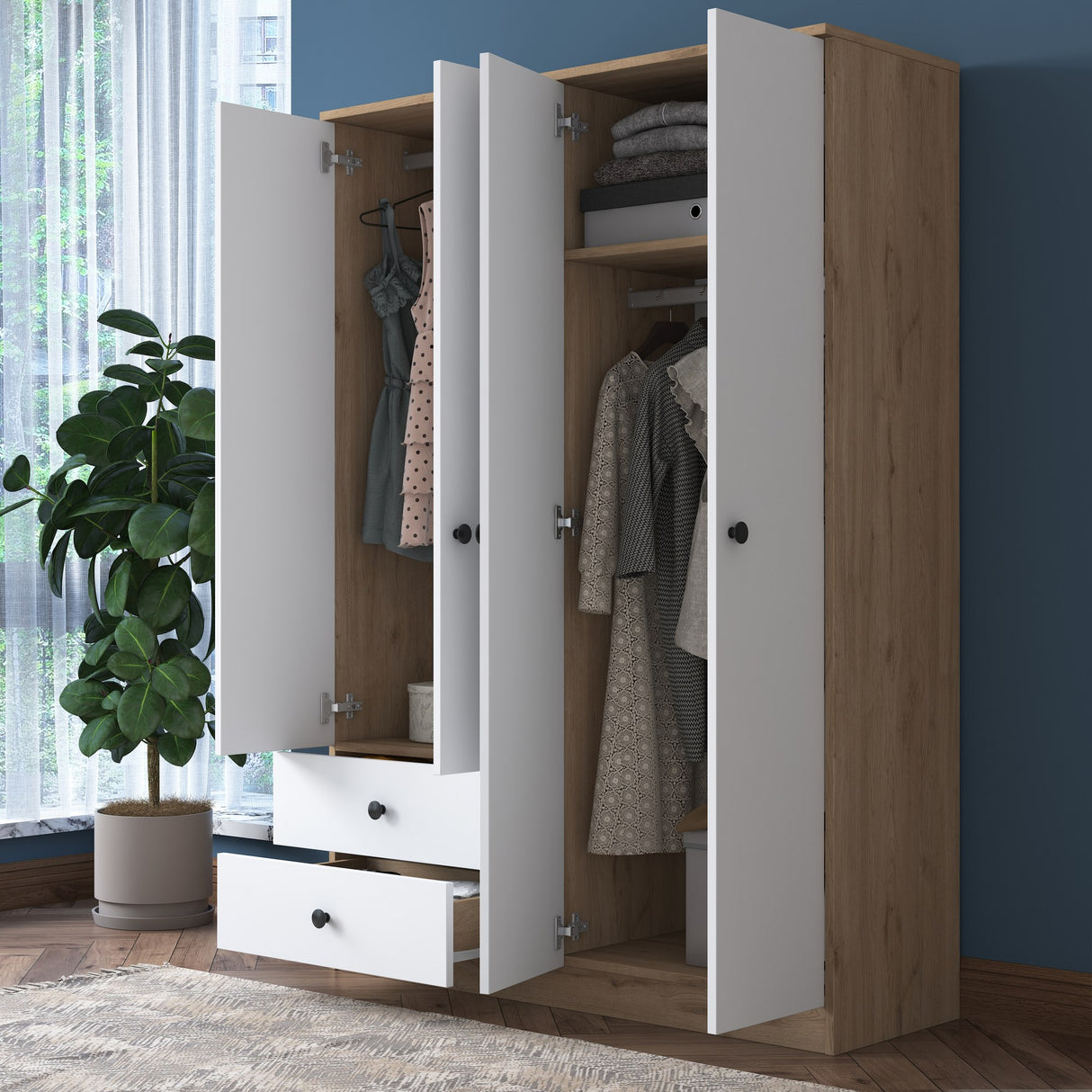 Kledingkasten - Kledingkast Walnoot Wit Melamine - Hang en leg - 120x170x42,5 cm - Aspen - Dimehouse