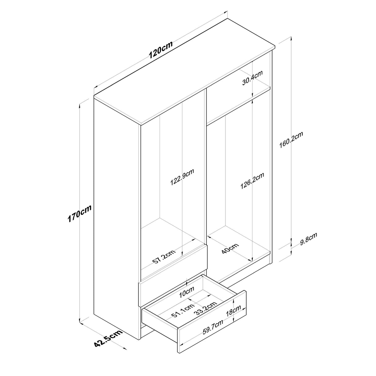 Kleiderschrank Aspen Walnut White Melamin 120x170x42.5 cm