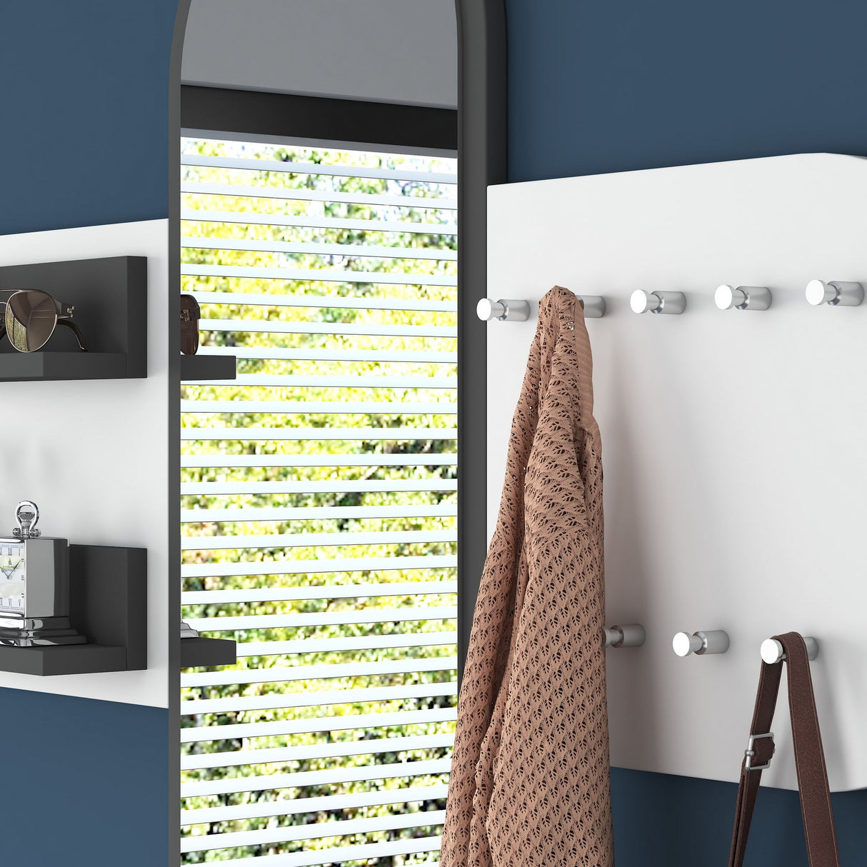 Kleiderständer Weiß Melamin 9-Haken - Mit Spiegel - Zwei Regale