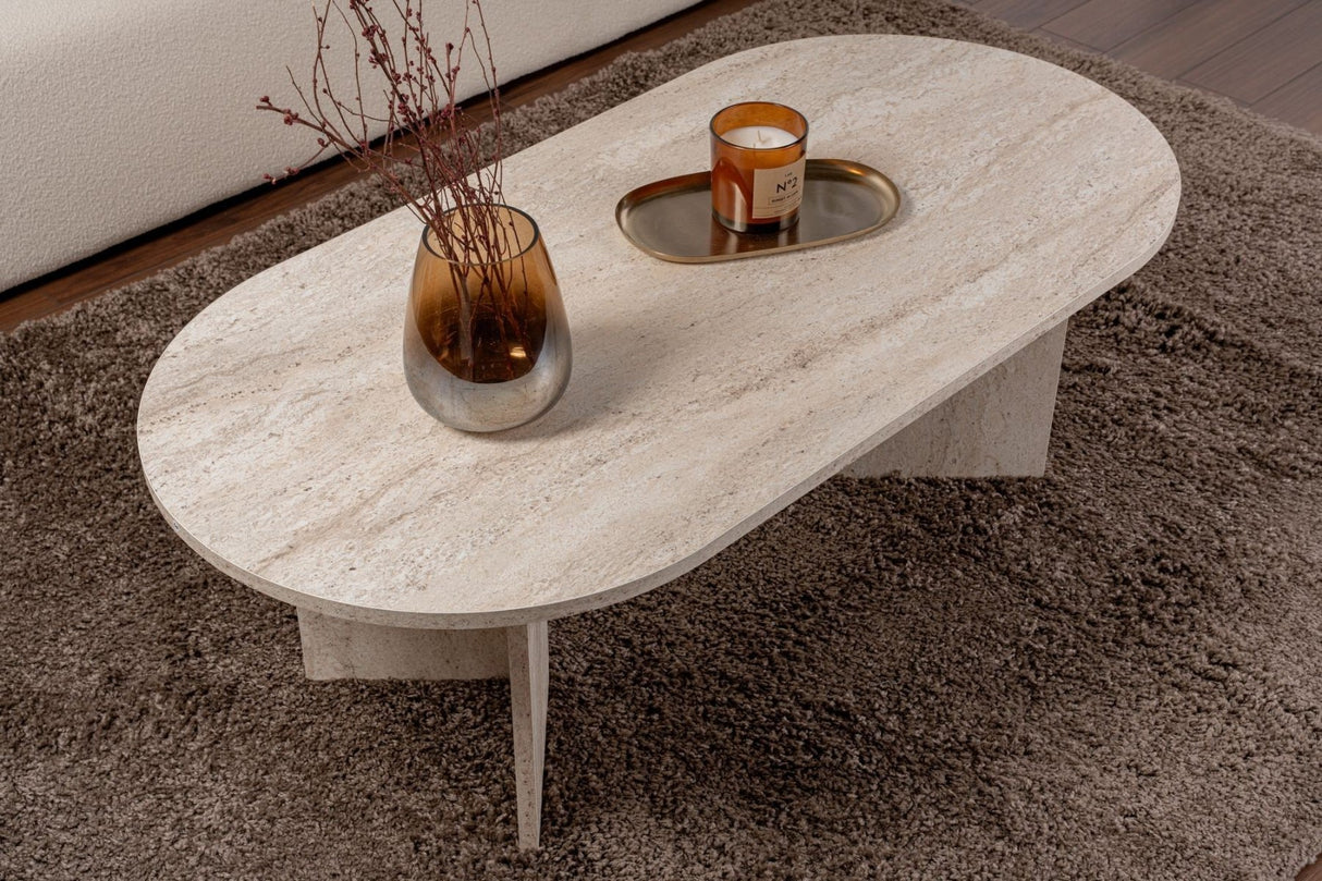 Salontafels - Ovale salontafel travertin melamine - Japandi - 119x60 cm - Sota - Dimehouse