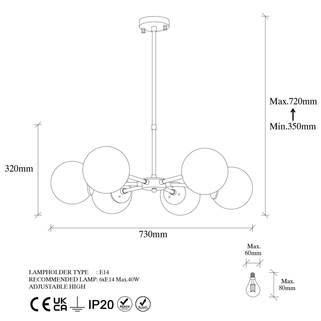 Hängelampe 6-flammig bronzefarben mit weißem Metallschirm Flint
