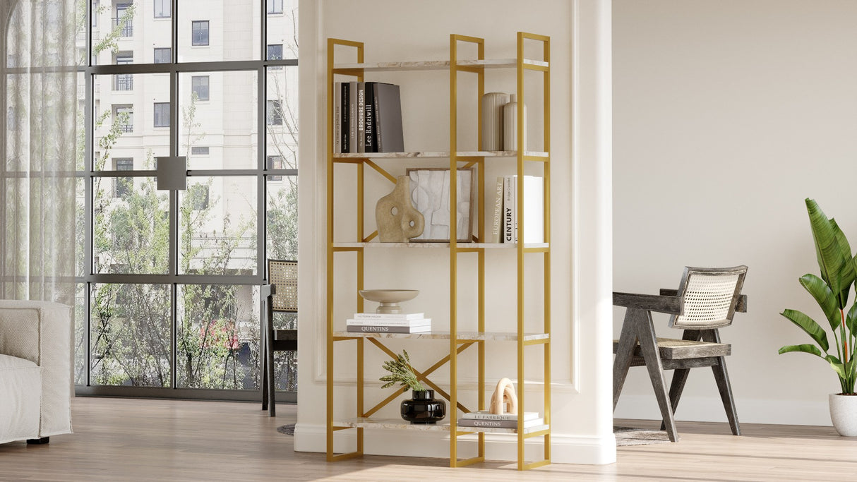 Bücherregal Valdis Marmer White Gold Melamin 87,5x175x30 cm