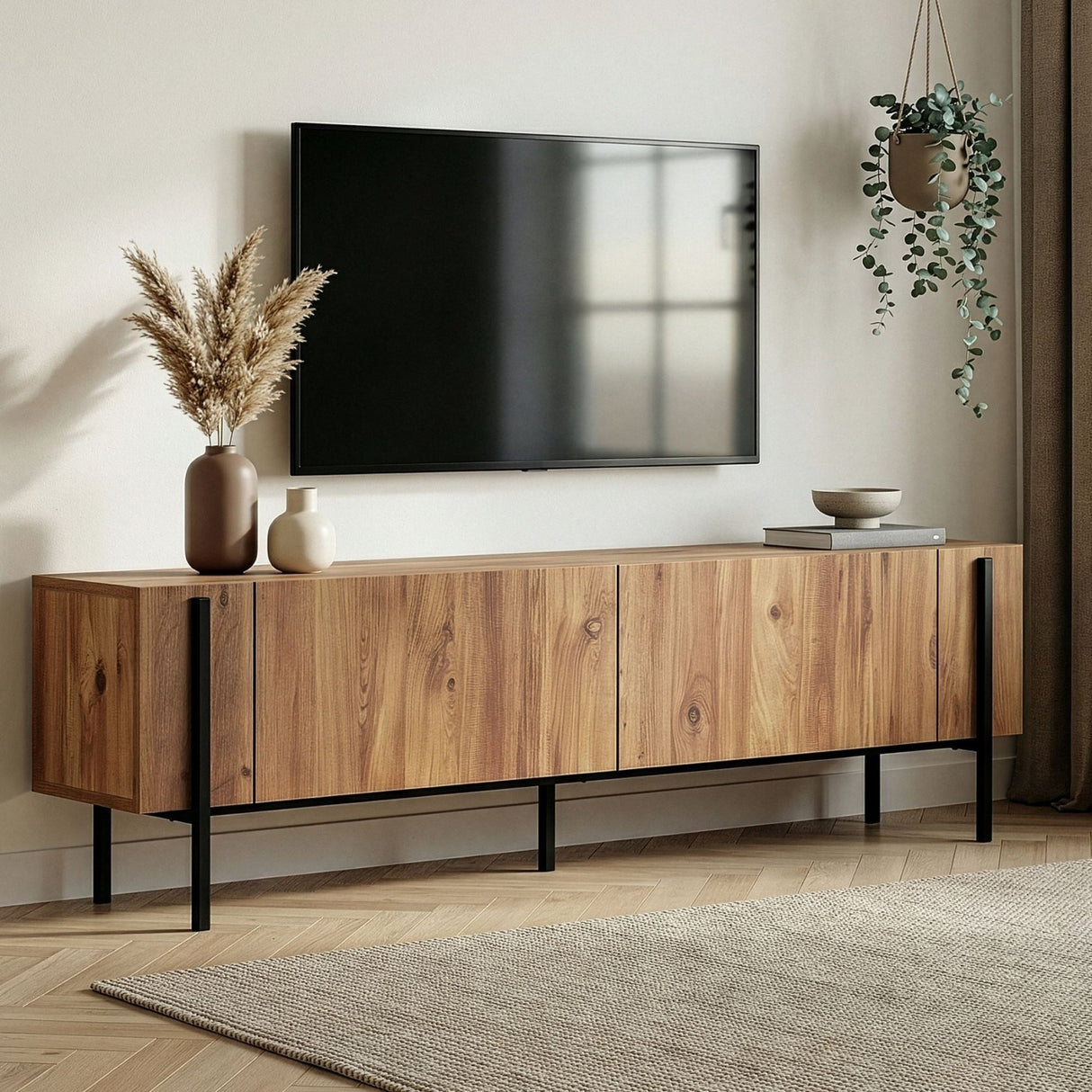 Nexus TV-Schrank in Eichenoptik mit schwarzer 180 cm großer Atlantic Pine-Eichenoptik und schwarzem melaminbeschichtetem Holzverbundstoff