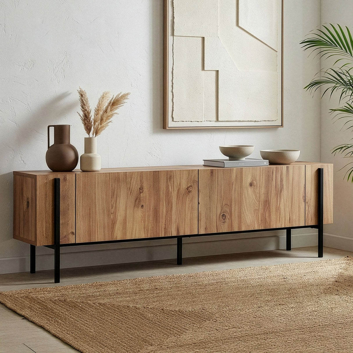 Nexus TV-Schrank in Eichenoptik mit schwarzer 180 cm großer Atlantic Pine-Eichenoptik und schwarzem melaminbeschichtetem Holzverbundstoff