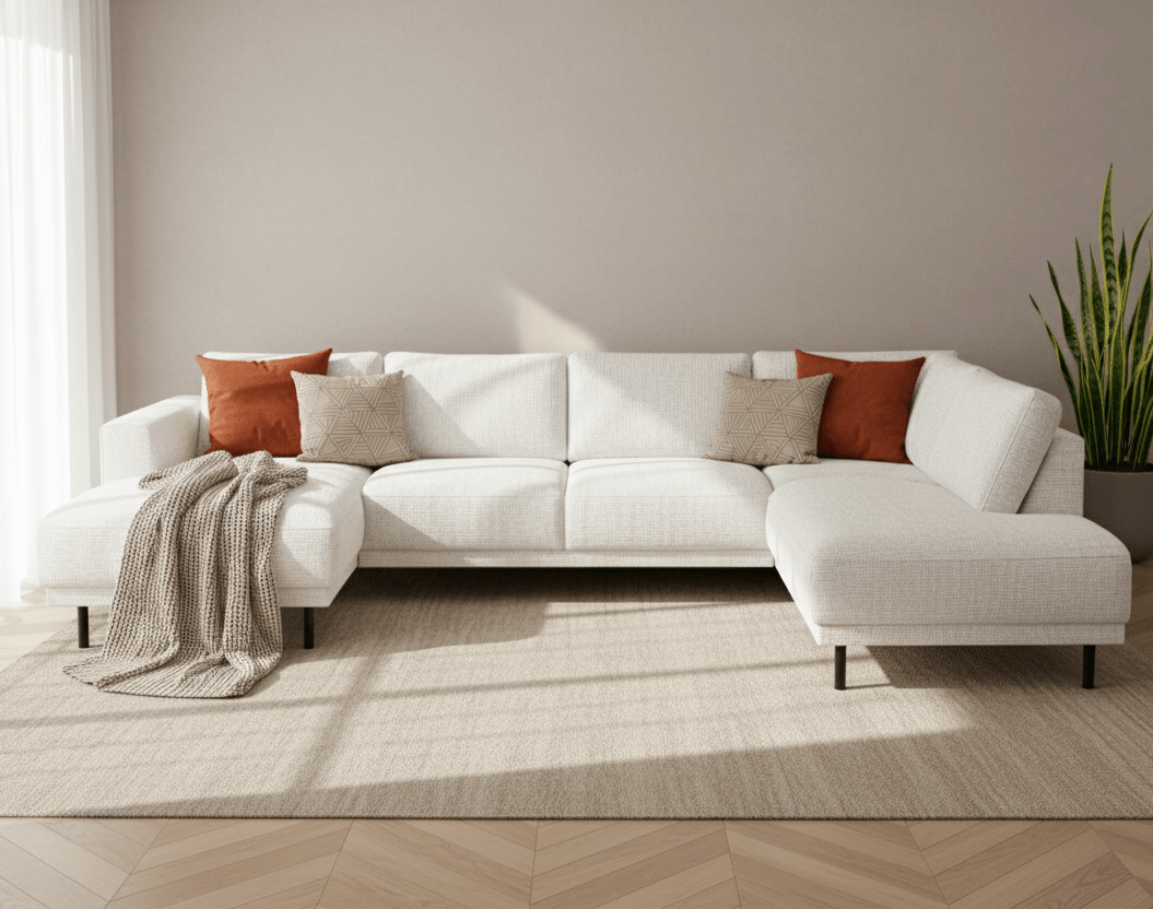 Modernes U-Sofa Ecksofa rechts beige Stoff Aniko 310x197x78 cm