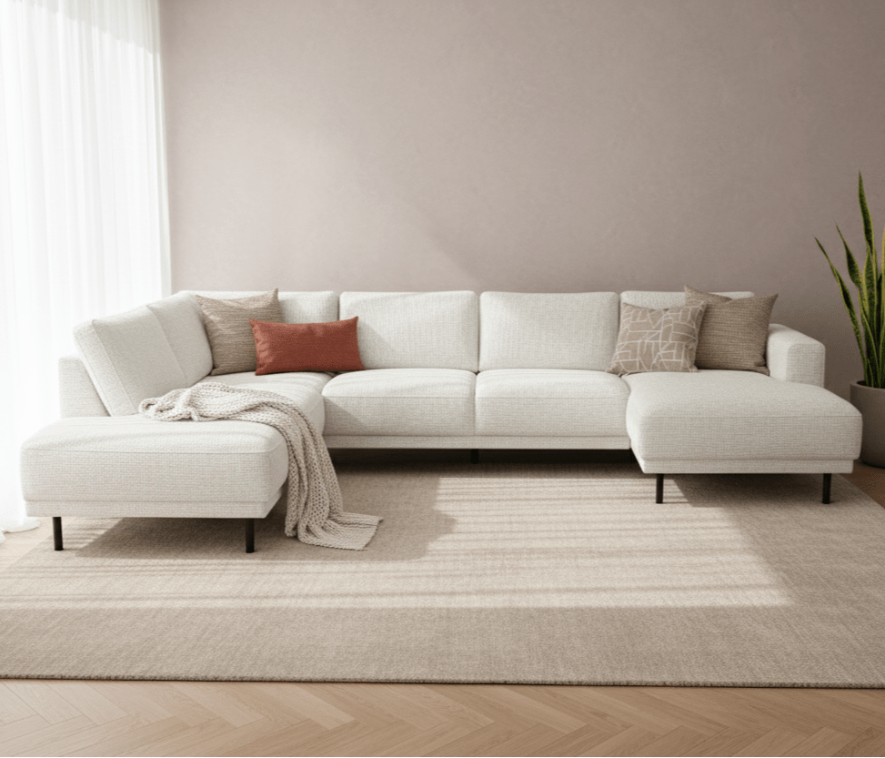 Modernes U-Sofa Ecksofa links beige Stoff Aniko 310x197x78 cm