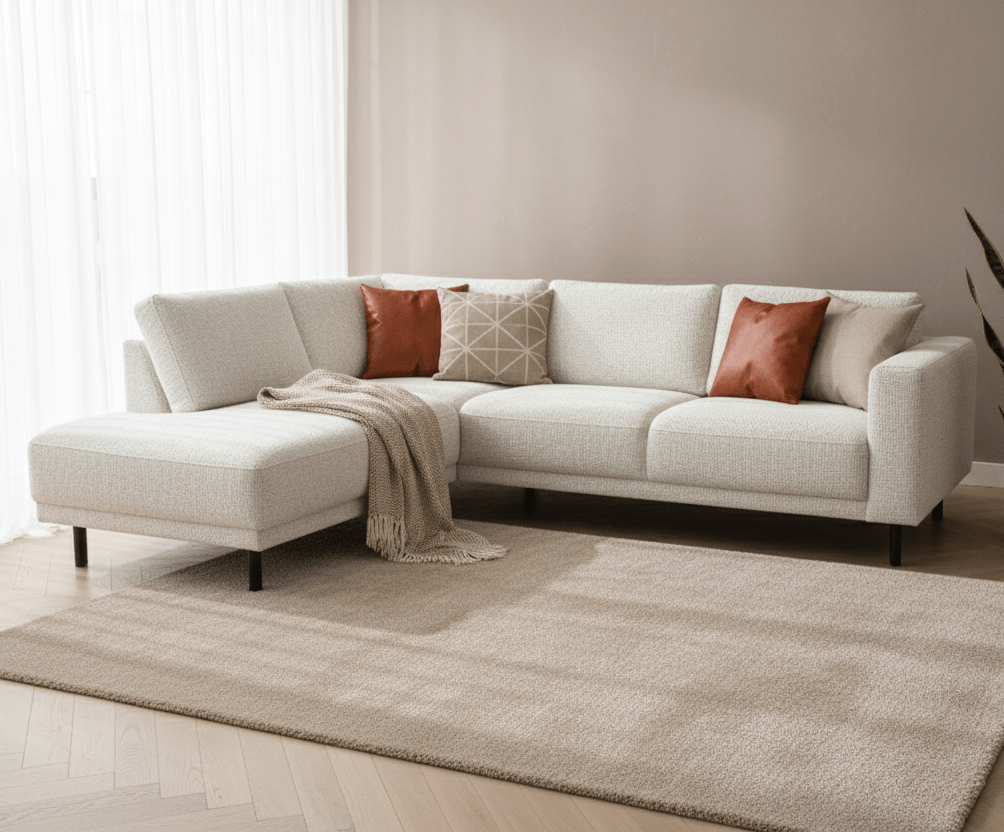 Modernes 3-Sitzer Ecksofa links beige Stoff Aniko mit Liege 240x197x78 cm