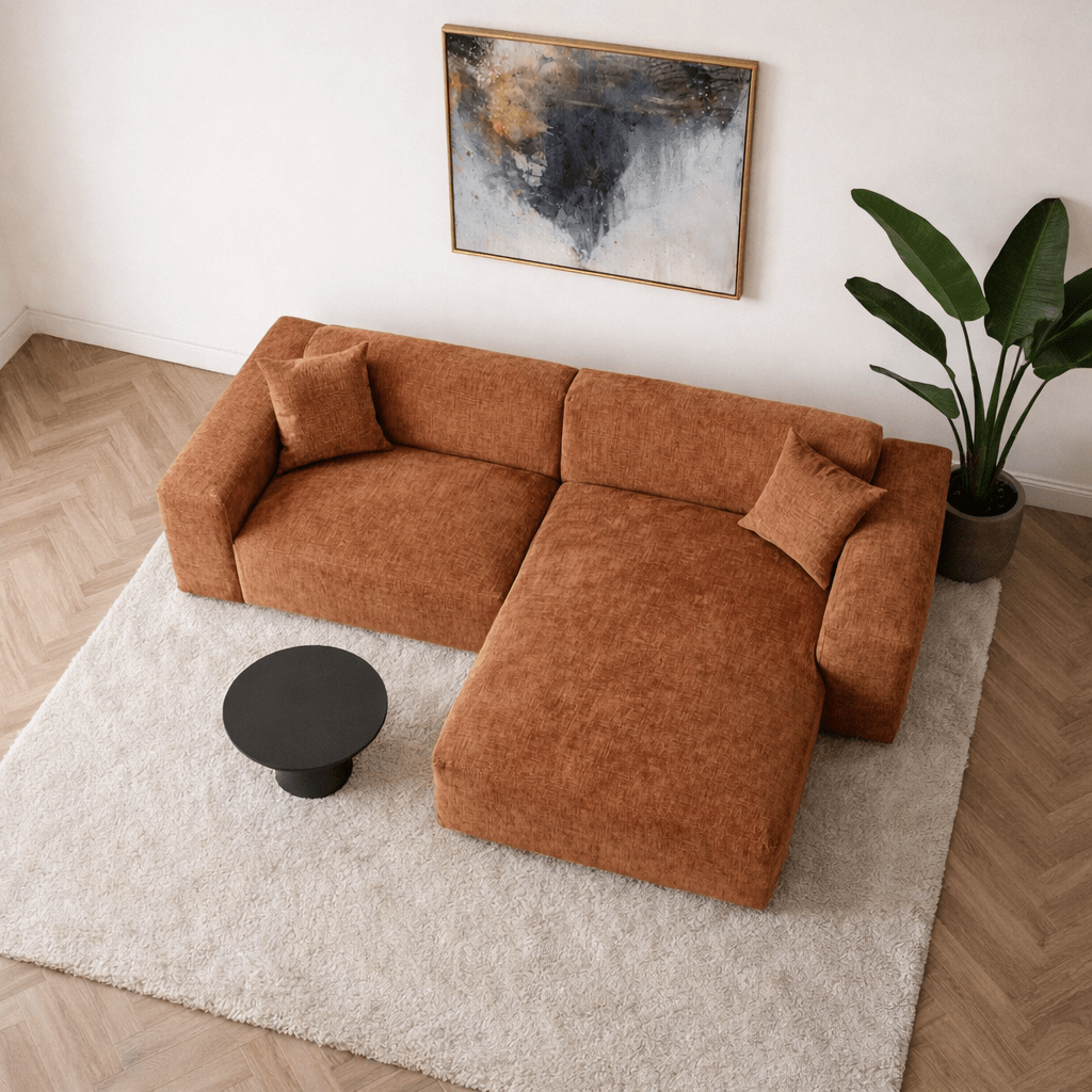 Ecksofa Wayne aus Chenille in Kupfer, 264 cm – Ecke links und rechts montierbar