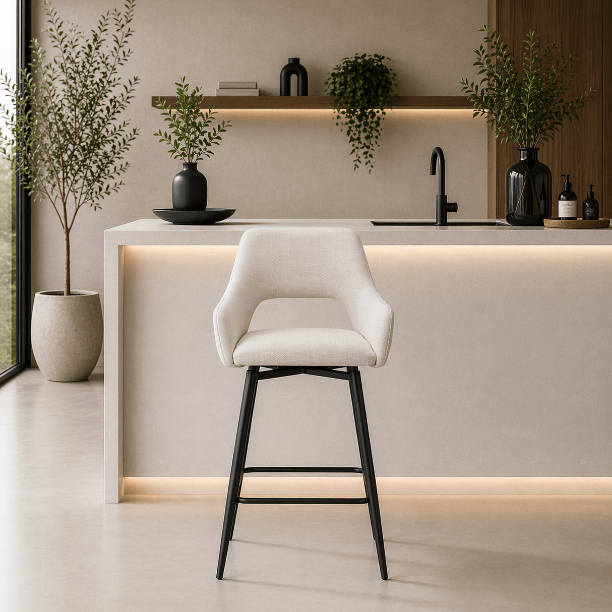 Drehbar Barhocker Skye aus beigem Stoff – Sitzhöhe 67 cm – mit Armlehnen