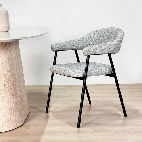 Komplettes Möbelset: Lea Esstisch Sintered Stone Marmorlook Travertin - Walnussrahmen + 4x Lisa Esszimmerstühle Bouclé Grau