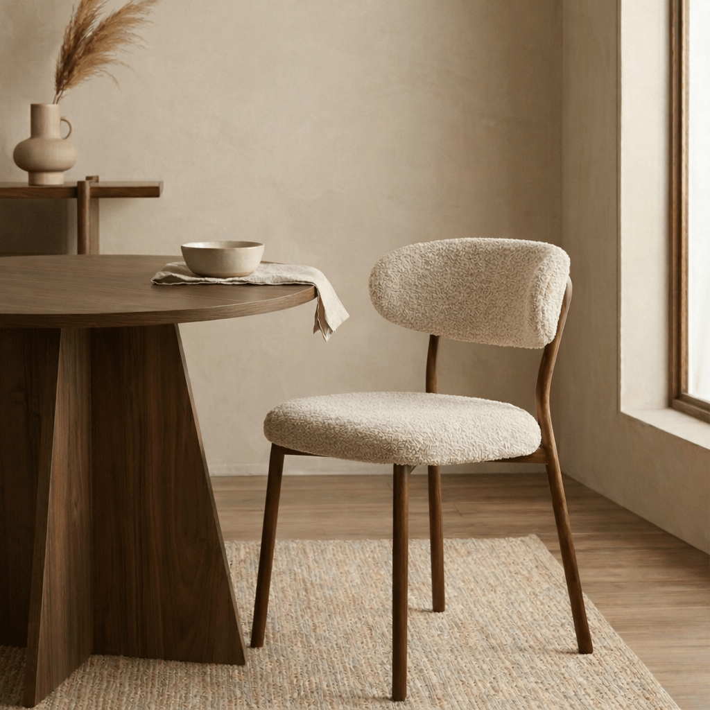 Esszimmerstuhl Bouclé Sandfarbe Uma - Walnussoptik Gestell - Japandi