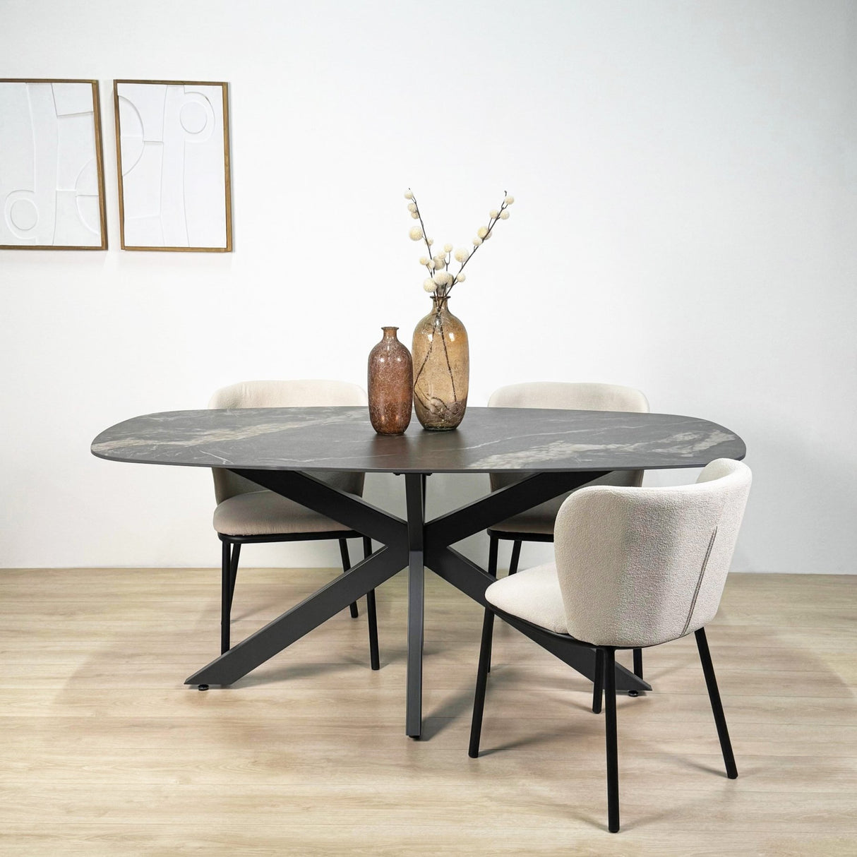 Esstisch Dolore 180x90 cm Dänisch Oval Marmorlook Schwarz