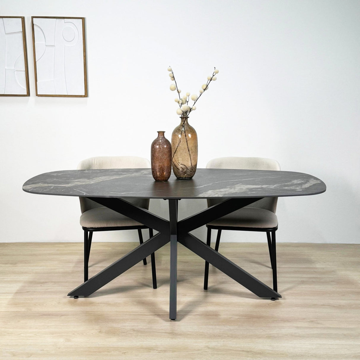 Esstisch Dolore 180x90 cm Dänisch Oval Marmorlook Schwarz