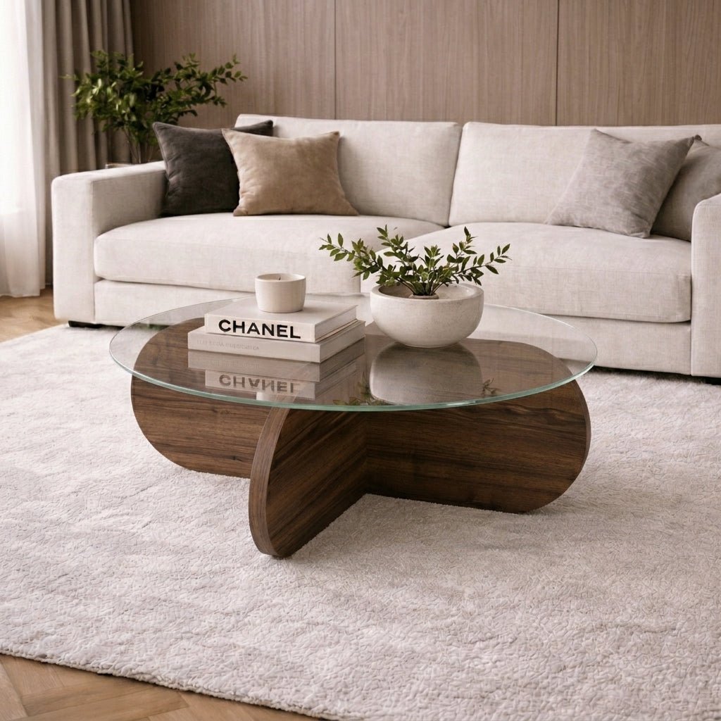 Couchtische-Runder Couchtisch Aris Nussbaum Melamin und transparentes Glas 75 cm-Dimehouse