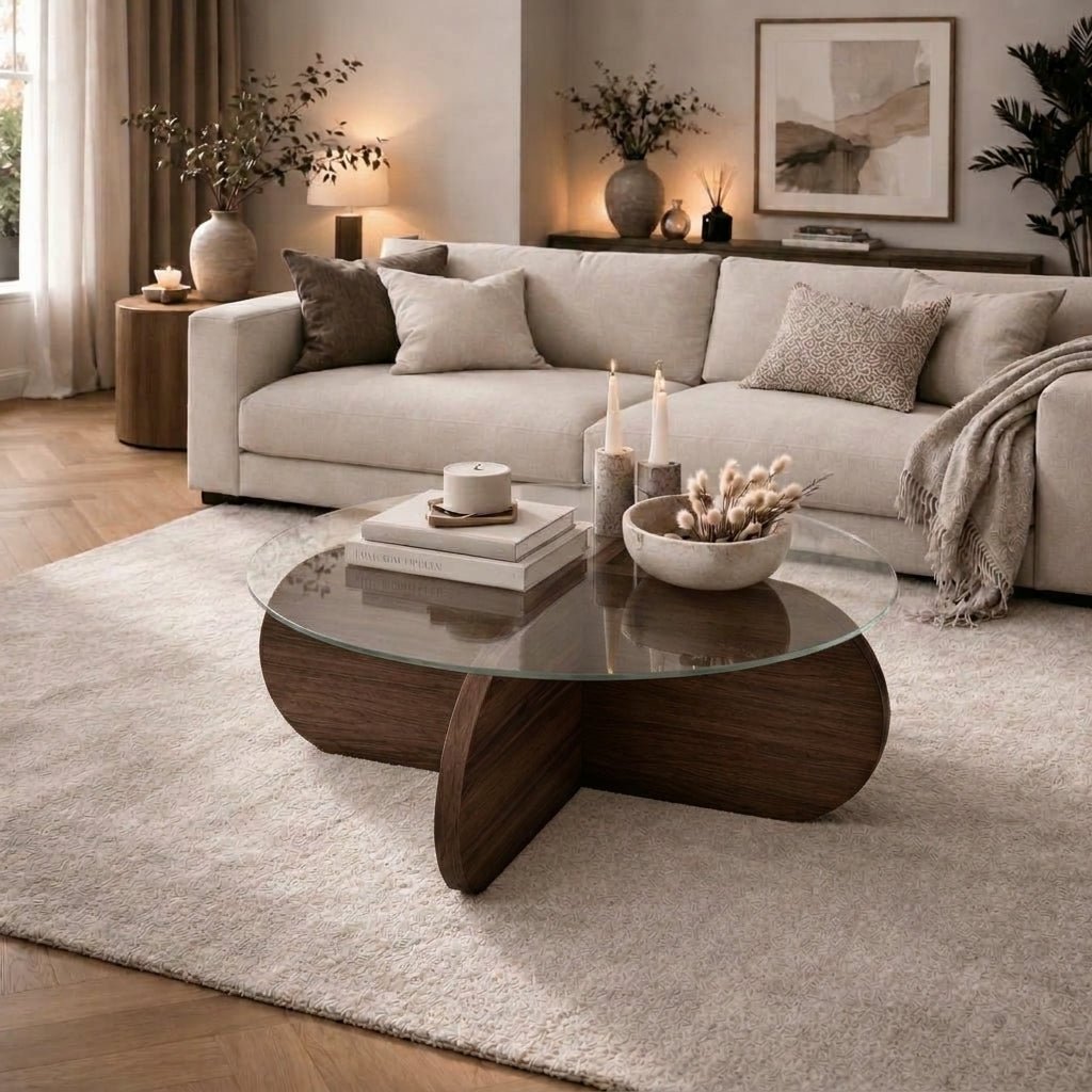 Couchtische-Runder Couchtisch Aris Nussbaum Melamin und transparentes Glas 75 cm-Dimehouse