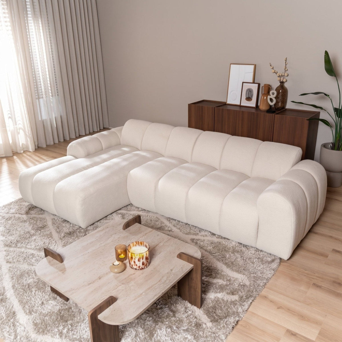 Banken-Ecksofa mit Loungebeige Bouclé Stoff - Streifen - links - Brix -Dimehouse