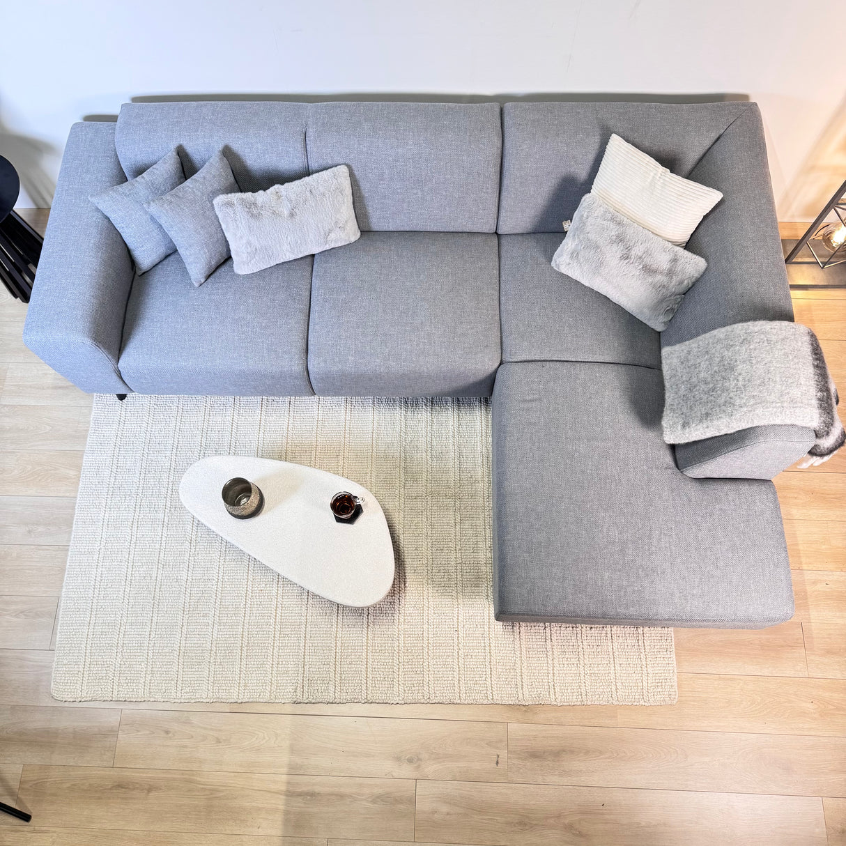 Ecksofa mit kompakter Lounge grau-blauer recycelter Stoff Moby - rechts