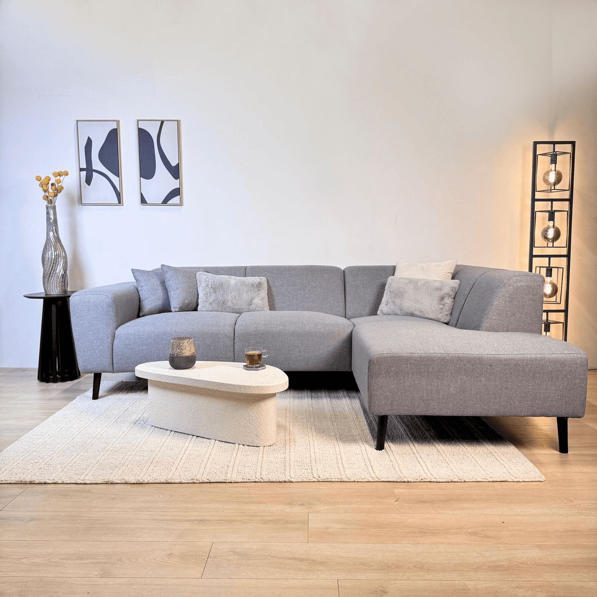 Ecksofa mit kompakter Lounge grau-blauer recycelter Stoff Moby - rechts