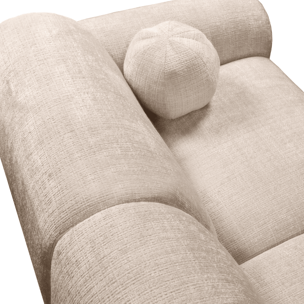 Ecksofa mit beigefarbenem Chenille-Stoffbezug, Modell Shane - rechts