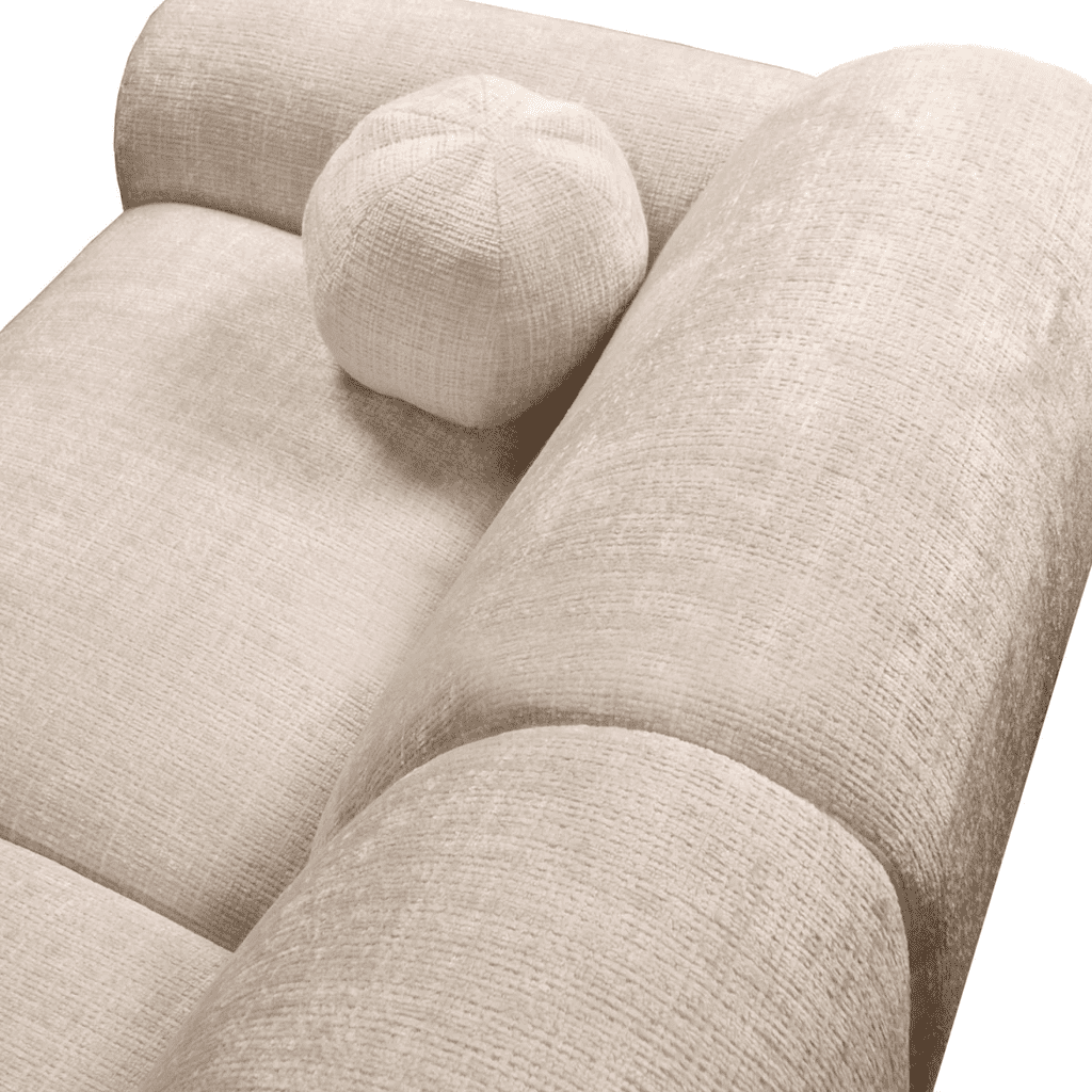 Ecksofa mit beigefarbenem Chenille-Stoffbezug, Modell Shane - links