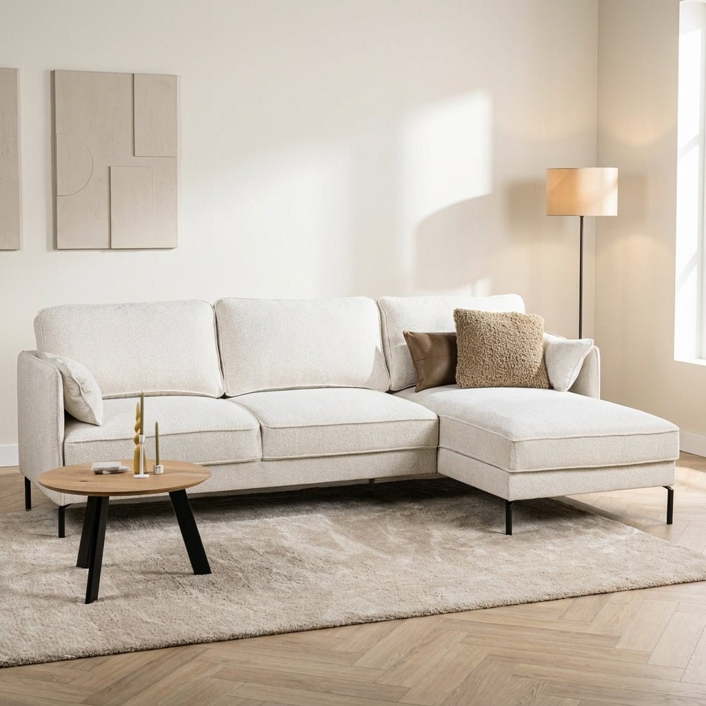 Hoekbank Peppin stof crème - rechts sfeerfoto in modern interieur