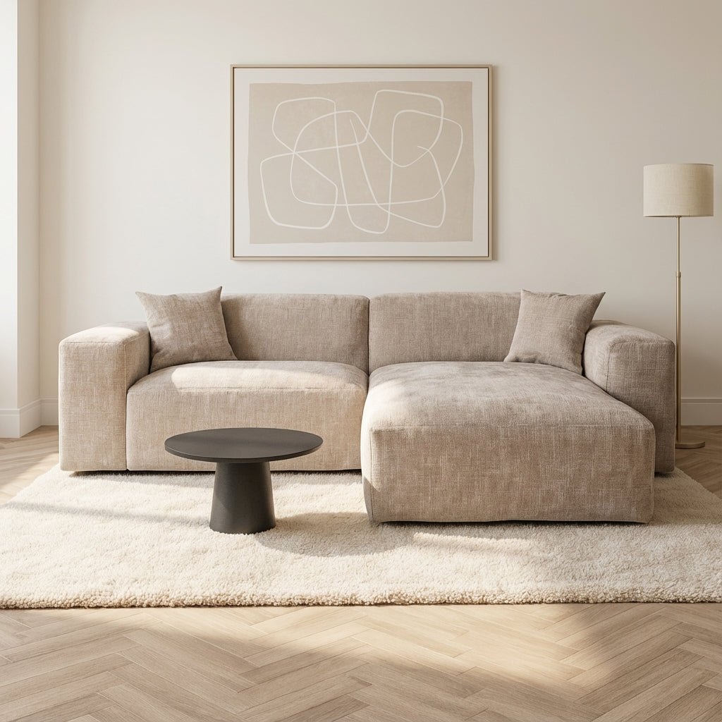 Ecksofa Wayne Chenille Taupe 260 cm – links und rechts montierbar, stimmungsvolles Foto in Modern Innenraum