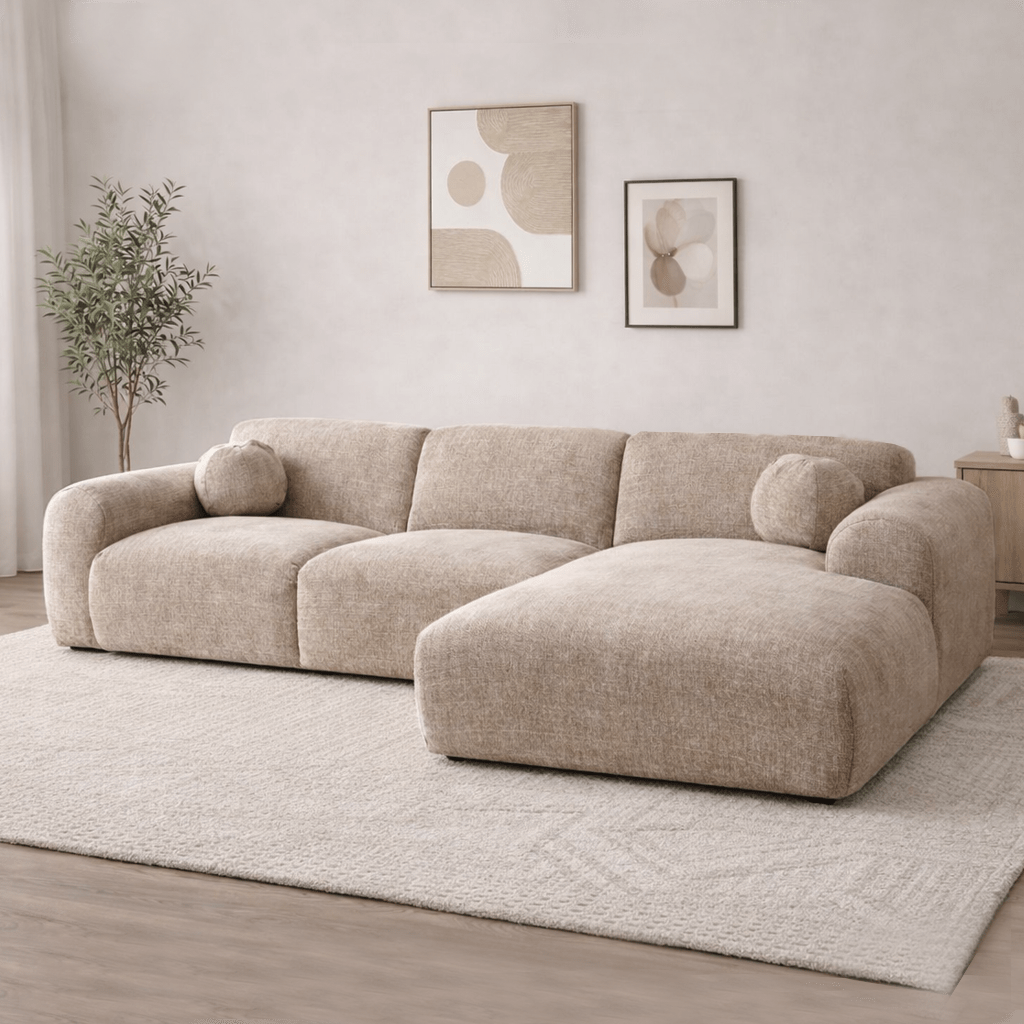 Ecksofa aus sandfarbenem Chenillestoff – 292 x 169 cm – Shane – rechts