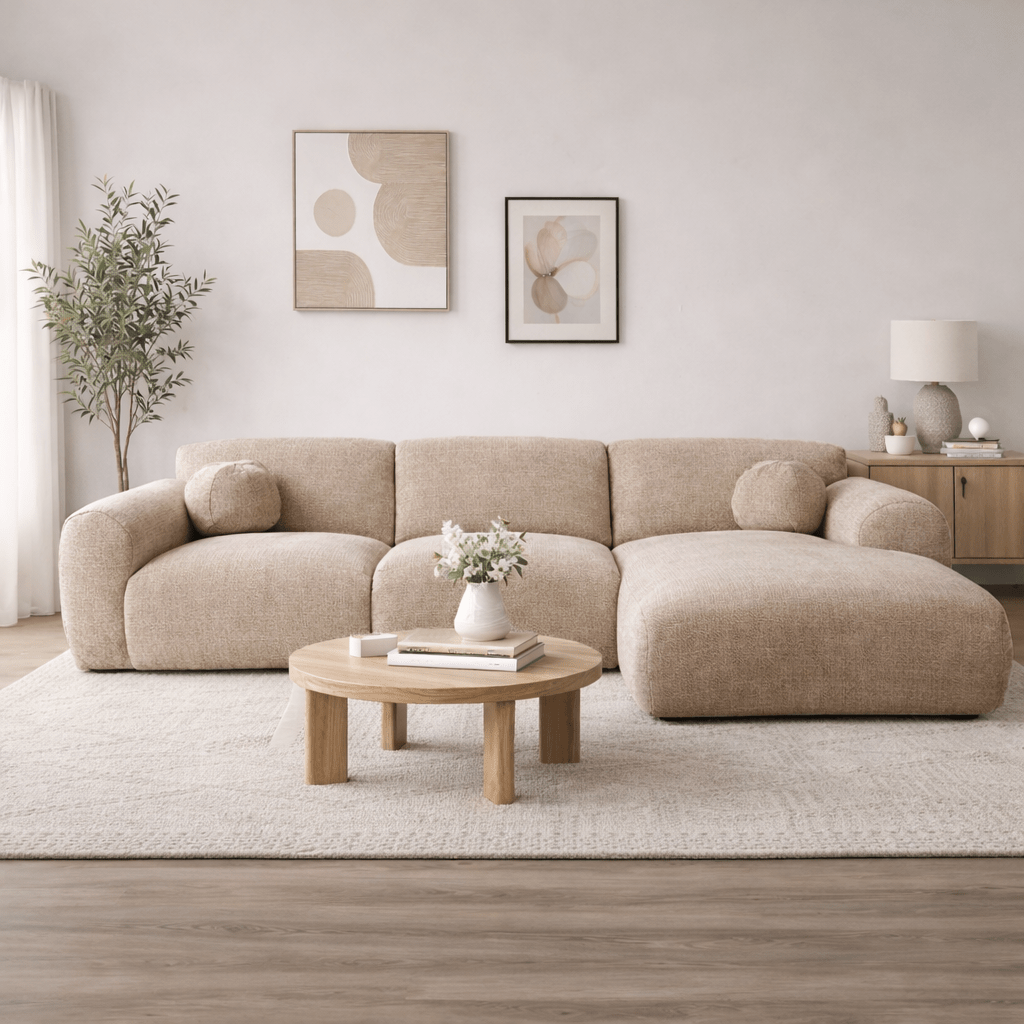 Ecksofa aus sandfarbenem Chenillestoff – 292 x 169 cm – Shane – rechts