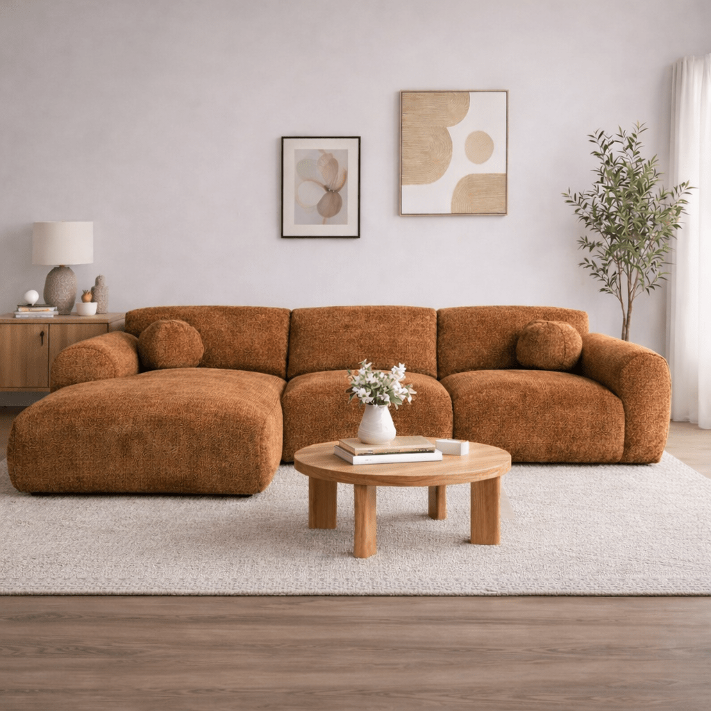 Ecksofa aus Kupfer-Chenille-Stoff – 292 x 169 cm – Shane – links