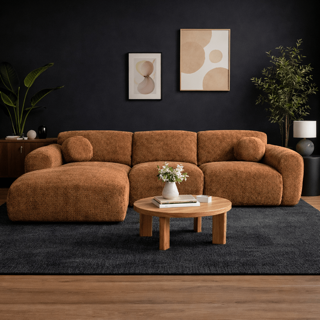 Ecksofa aus Kupfer-Chenille-Stoff – 292 x 169 cm – Shane – links