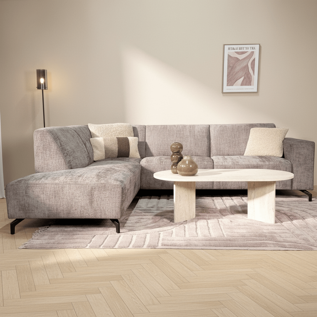 Ecksofa mit Chaiselongue in Taupe Chenille Stoff Manon - links
