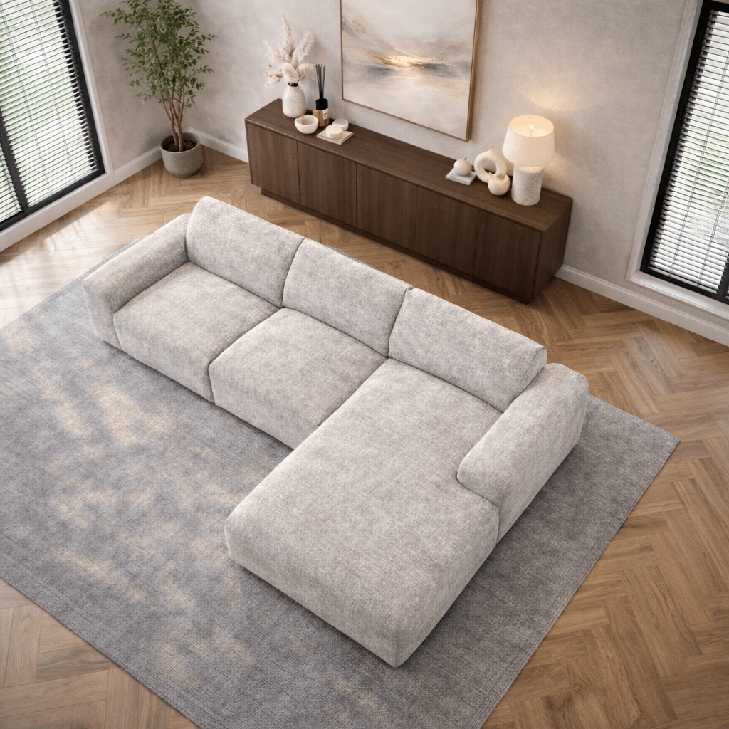 Ecksofa mit beigefarbenem Chenille-Stoffbezug, Modell Shane - rechts