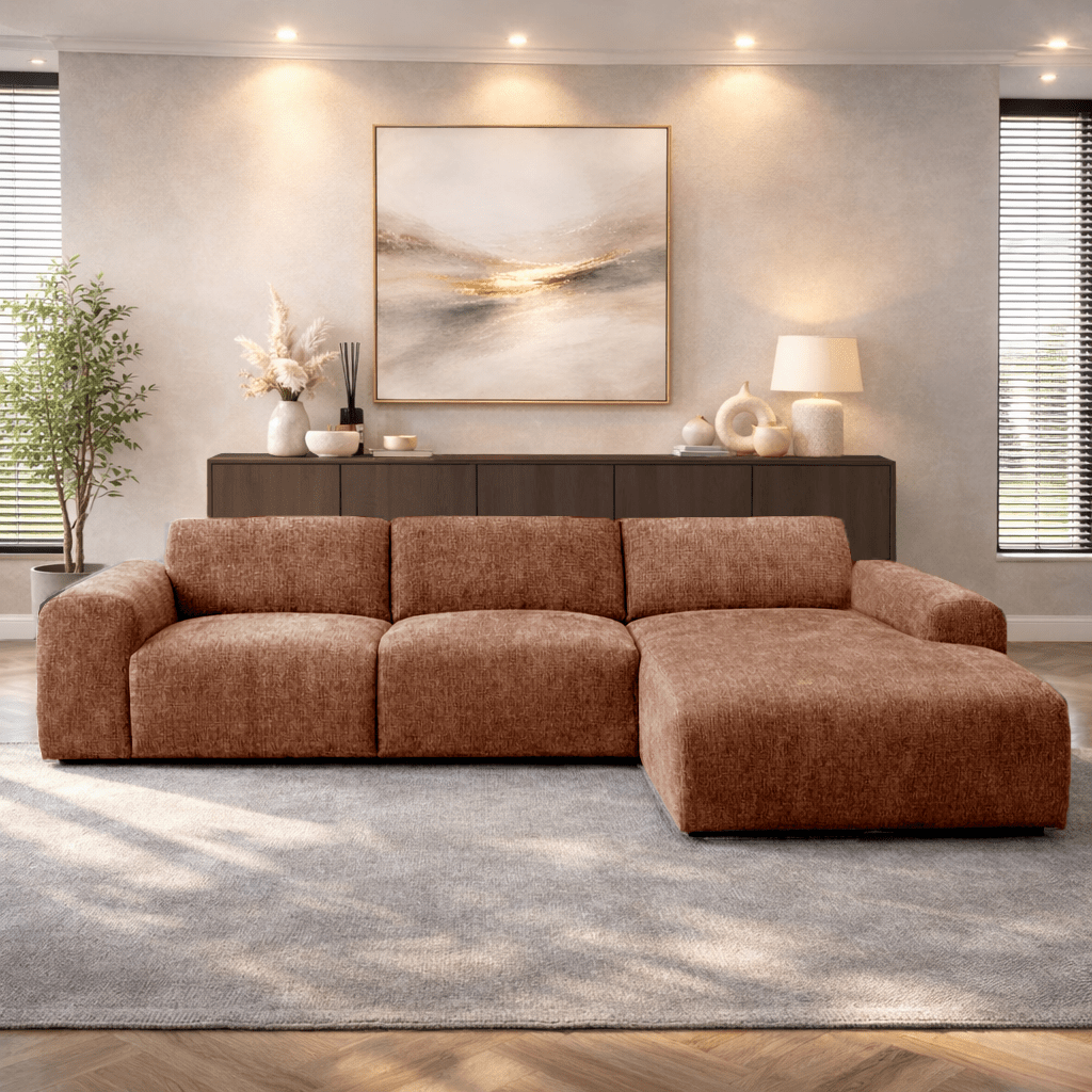 Ecksofa mit kupferfarbenem Chenille-Stoffbezug, Modell Shane - rechts