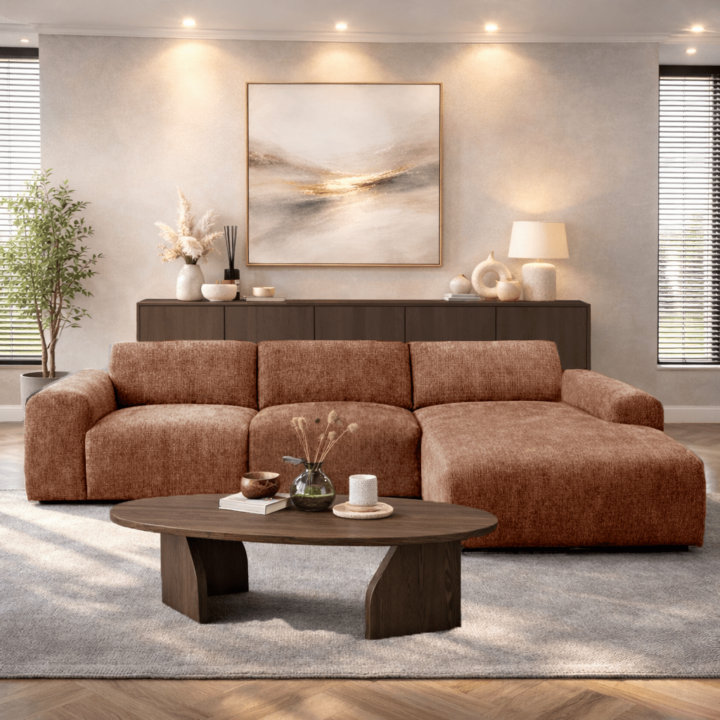 Ecksofa mit kupferfarbenem Chenille-Stoffbezug, Modell Shane - rechts