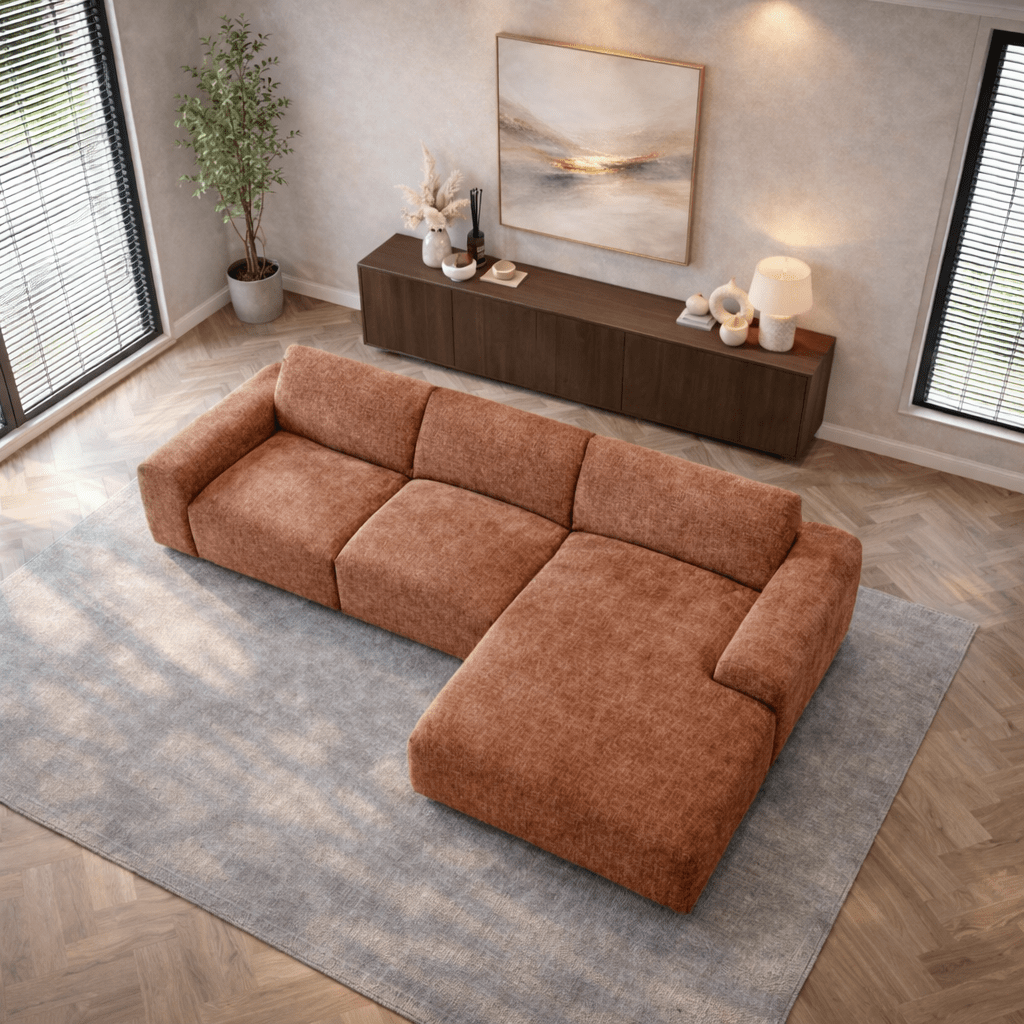 Ecksofa mit kupferfarbenem Chenille-Stoffbezug, Modell Shane - rechts